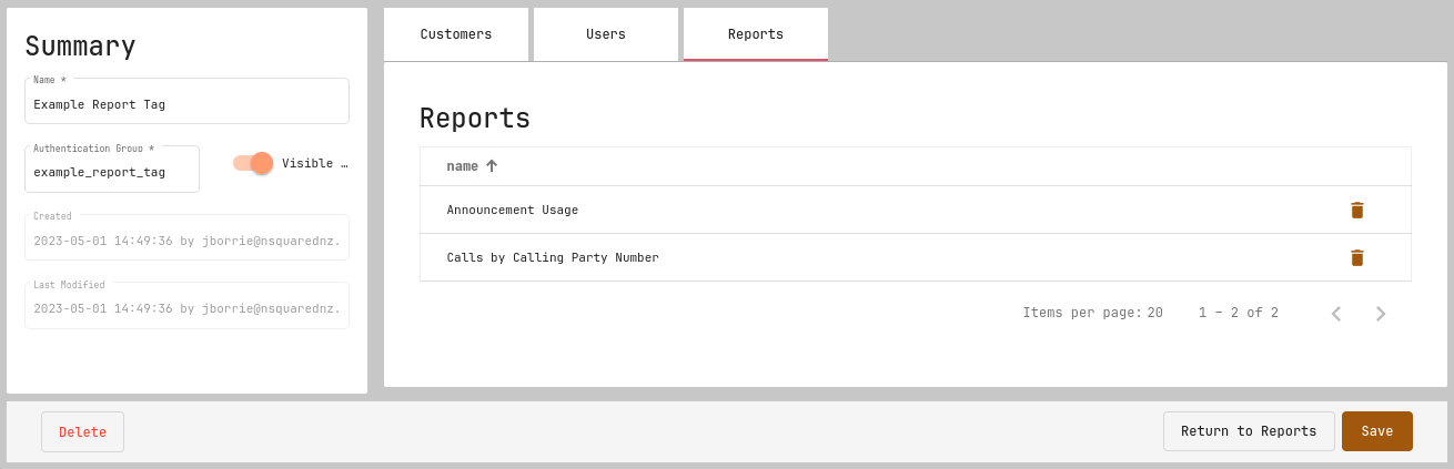 information screen for report tags