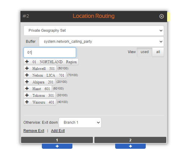 the Location Routing node used tab